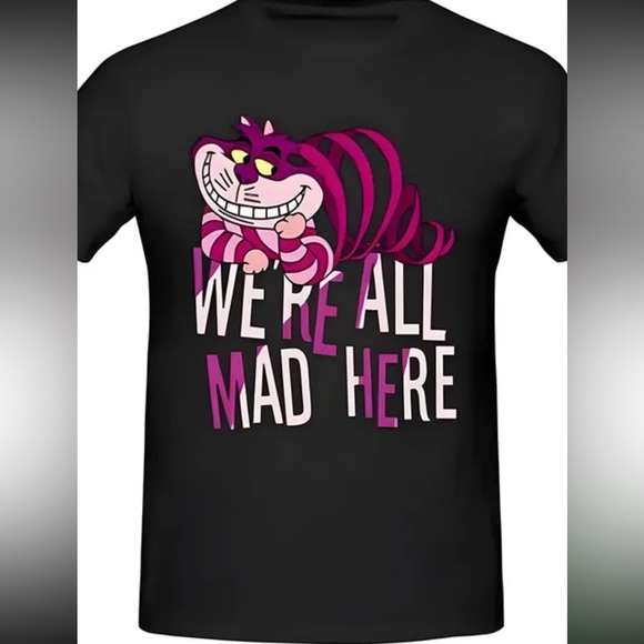 Tops - Disney Cheshire Cat "We're All Mad Here" Crew-Neck T-Shirt Black NEW sz LRG